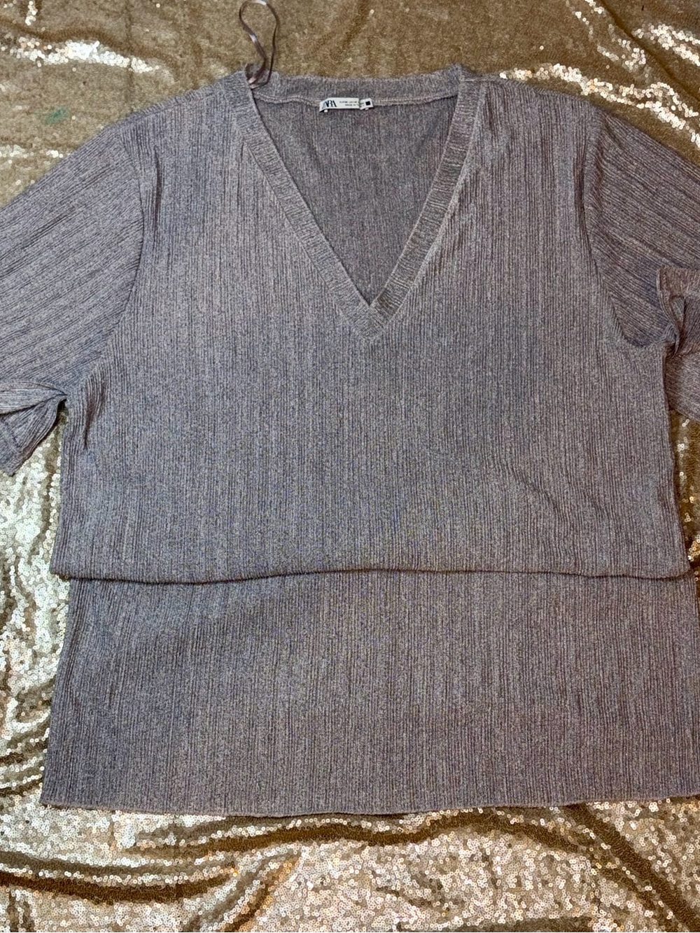 Zara Heathered Gray Ribbed V-Neck Sweater